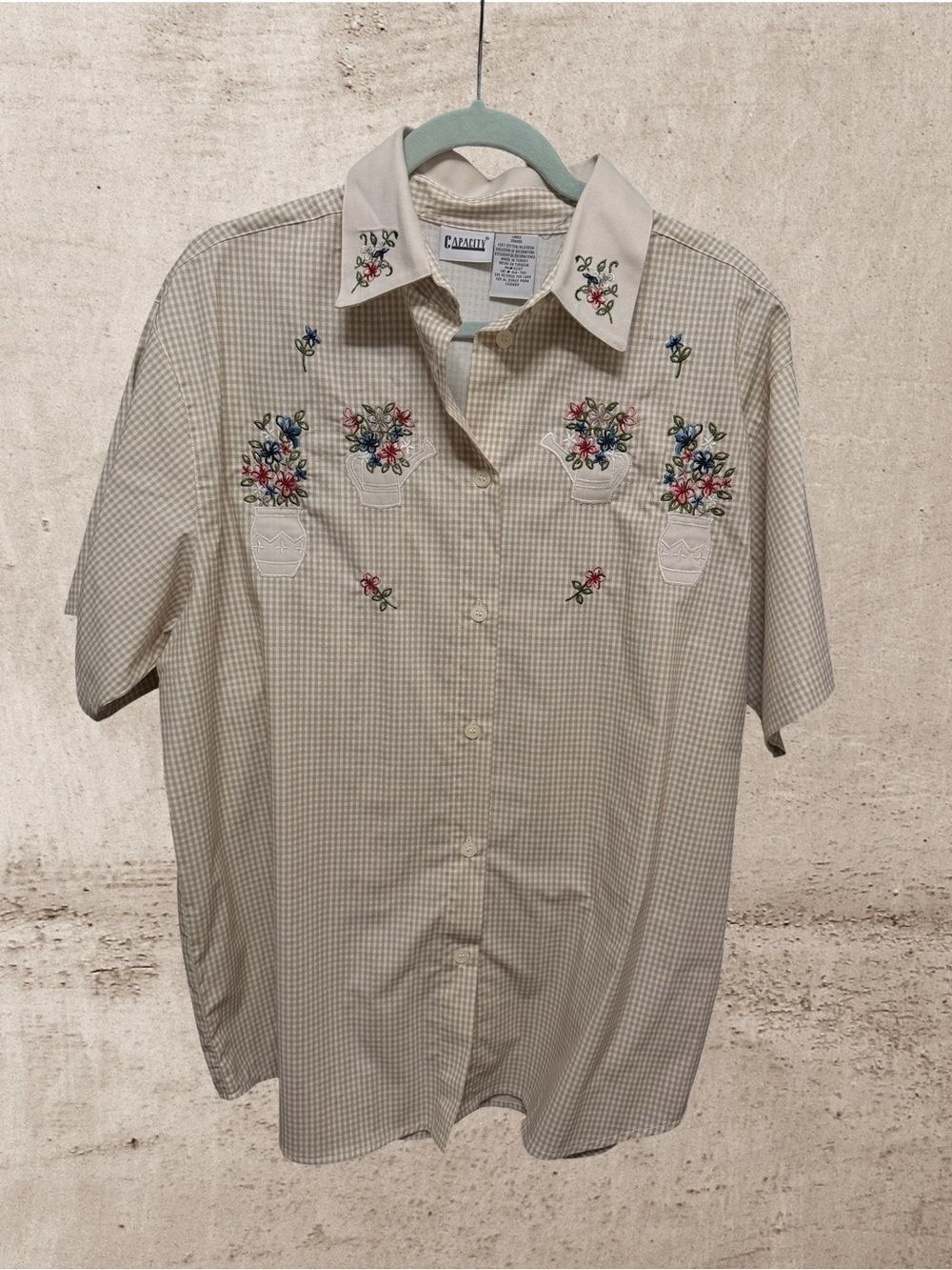 Capacity Vintage Tan Gingham Flower Pot Embroidered Blouse Cotton Large - Picture 2 of 4